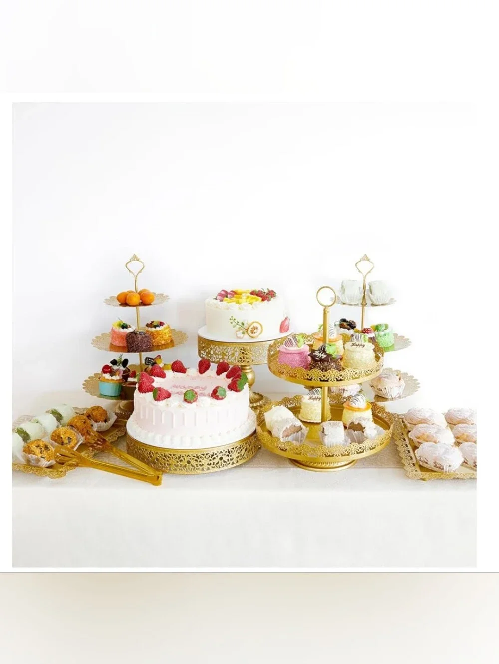 11 PC Gold Dessert Serving Set - Elegant Party Cake Stands & Trays NIB